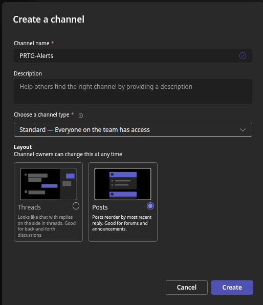 Teams kanaal PRTG-Alerts aanmaken