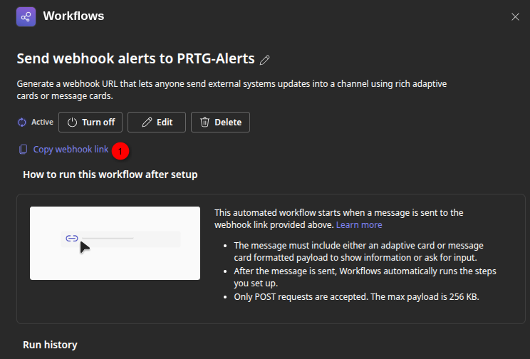 Webhook workflow configureren met team en kanaal